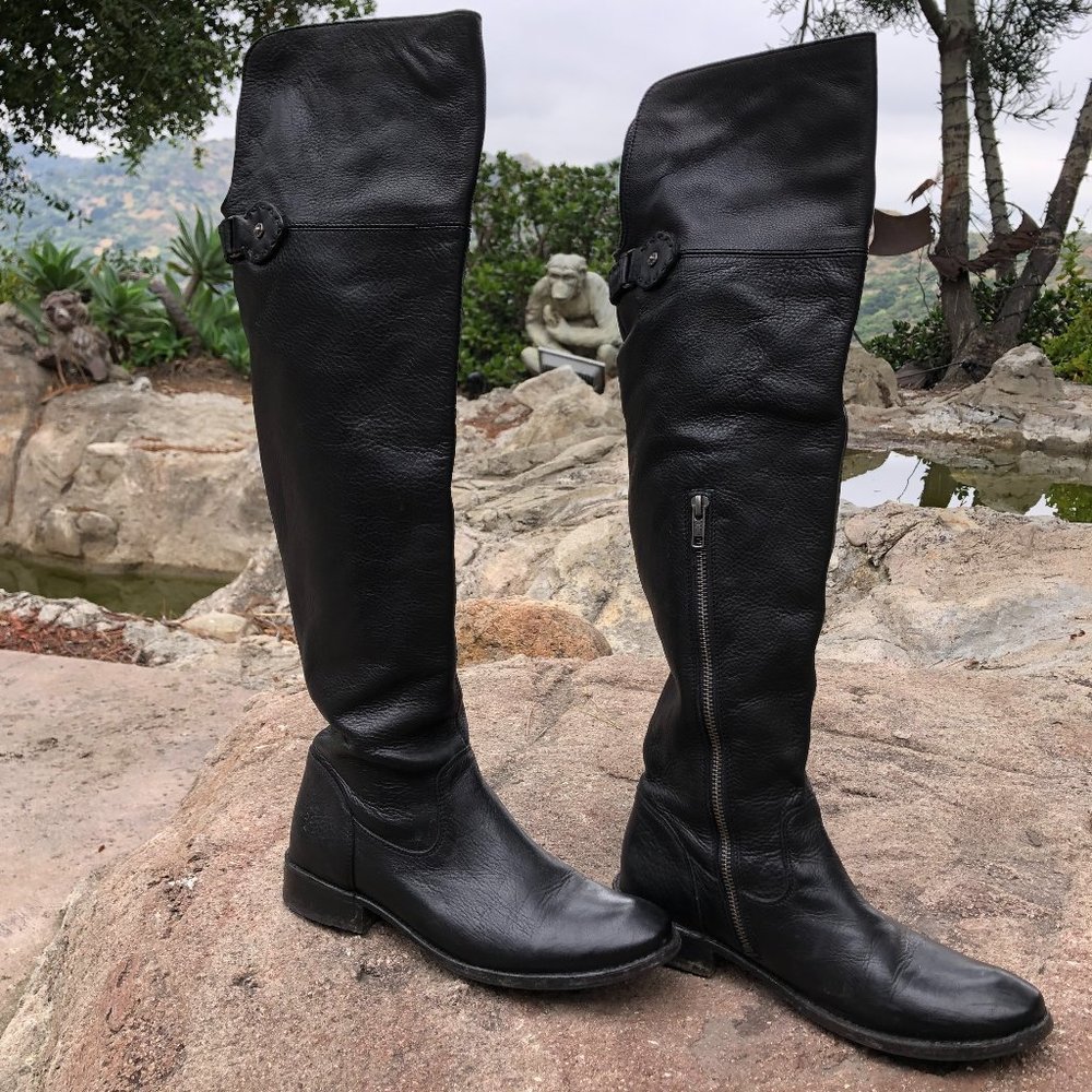 Frye Shirley Over The Knee Boots Women's 7.5 B Black Leather Riding Cuffed
